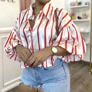 GX7081 Moda Estate 2023 Camicia da Donna con Mezze Maniche a Palloncino, Stampa a Righe, Colletto Rovesciato, Top Sexy per Signore - Product Image 1