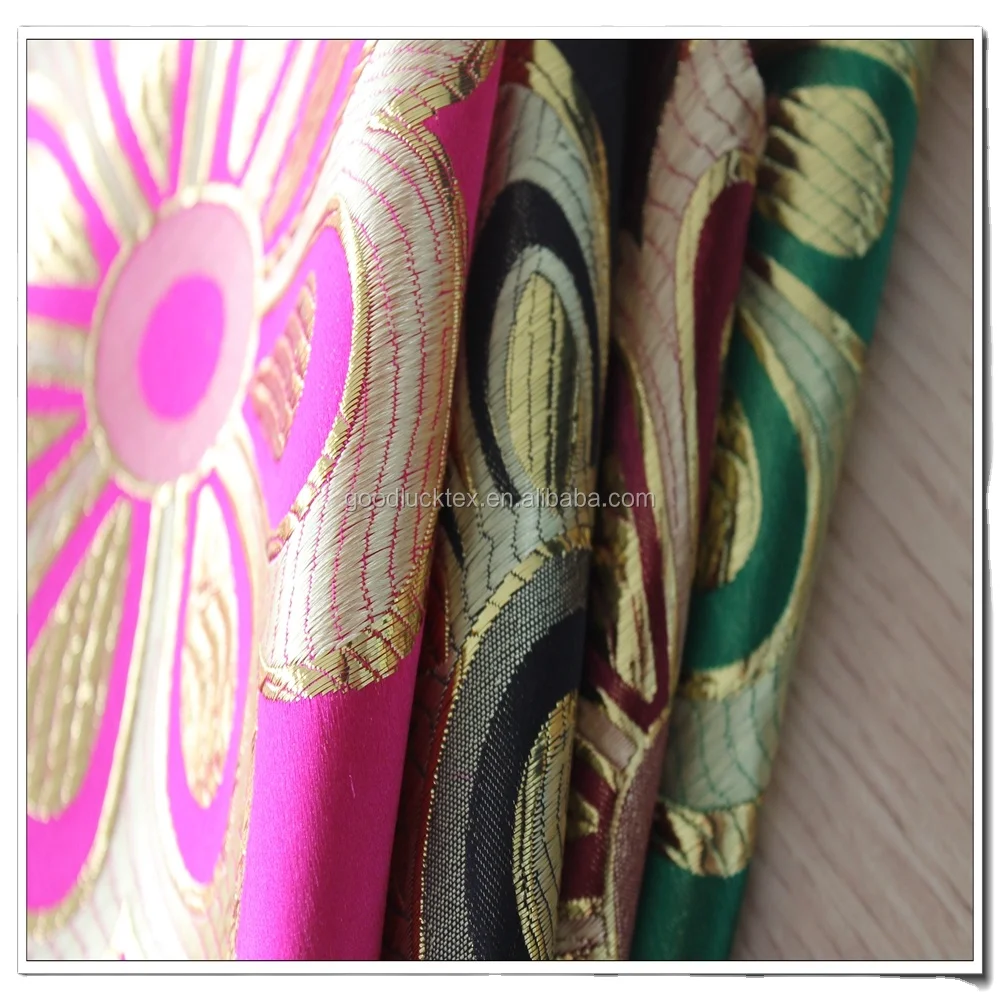 Зеленая хромированная золотистая металлическая полиэфирная нейлоновая жаккардовая ткань kimkhab
