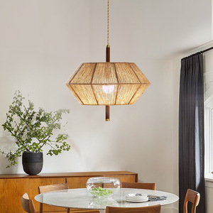 Lampe suspendue vintage américaine rétro, ronde, en corde de chanvre, en bois massif, 45 cm, 55 cm, 60 cm, pour chambre à coucher, salle à manger - Product Image 4