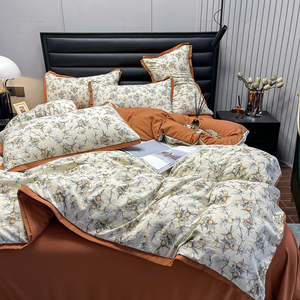 Parure de lit double couche en coton lavé et lin, imprimé floral, housse de couette et draps, usage domestique, respirante, produit de première qualité - Product Image 1