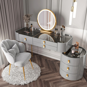 Cremeweißer Holz-Schminktisch mit Schrank Moderner Schminktisch mit LED-Spiegel Hochwertiger Minimalistischer Make-up-Tisch-Set - Product Image 6