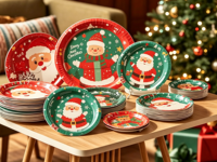 Ensemble de vaisselle jetable de Noël à carreaux rouges, assiettes en papier, gobelets en papier renne, serviettes, kit de décoration pour fête de Noël