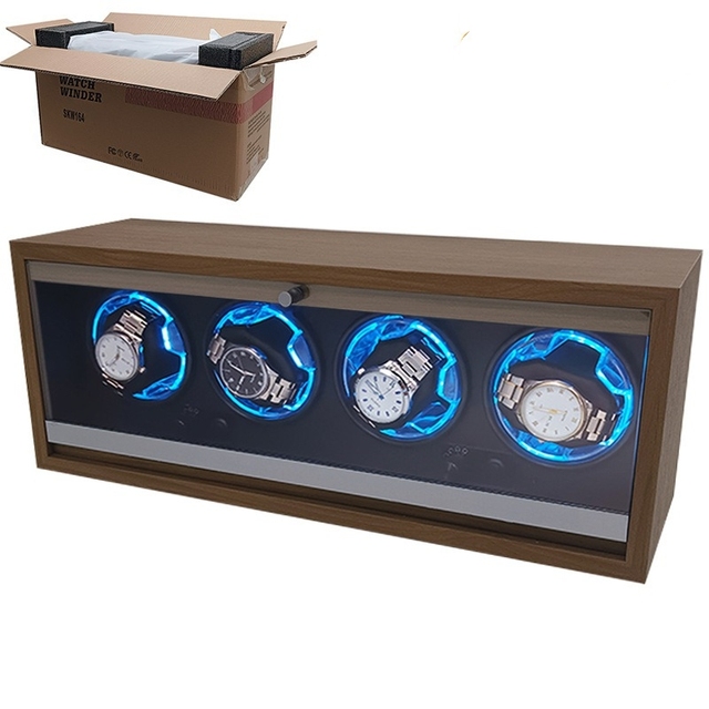 Walnut Wood Auto Stop Automatic 4 Slot Watch Winder Box Case Organizer With Led Lighting