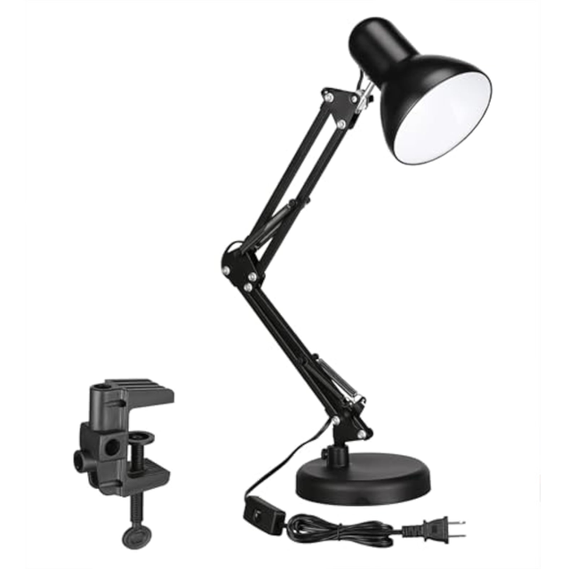 Metal LED Desk Lamp with Clamp Swing Arm Adjustable Gooseneck Clip Light Battery Operated Bedroom Home Office Study Reading