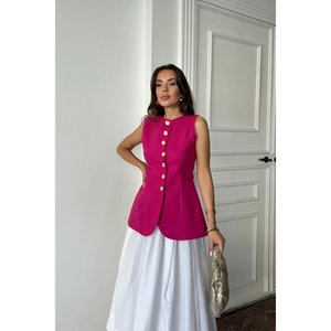Chaleco de Lino Jacquard con Cintura Ajustada, Color Fucsia, Top sin Mangas para Mujer con Botones Dorados, Talla S - Product Image 2