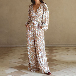2026 Designer Beach Print Long-Sleeved <b>Loose</b>-<b>Fitting</b> <b>Jumpsuit</b> Custom Linen and Viscose Casual <b>Jumpsuits</b> - Product Image 1