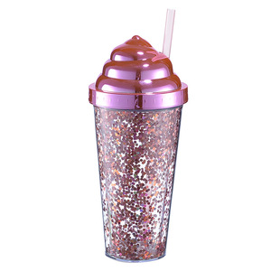 Double Layer Plastic Straw Cup Electroplated Snail Lid Sequin Cup Ice Cream Glitter Water Cup Party Use - Product Image 5