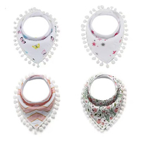 Bavoirs triangulaires pour bébé en molleton de coton imprimé, personnalisables, absorbants, ajustables en taille, à 2 couches, avec pompons en boule, motif mignon