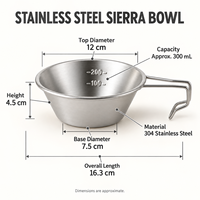 Bol de camping Sierra Cup en acier inoxydable 304, 300 ml, avec poignée pliable, vaisselle portable pour la randonnée, le camping, le pique-nique
