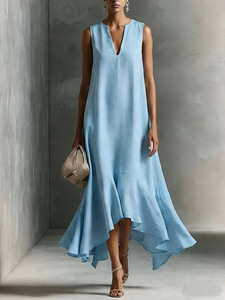 Nouvelle robe midi pour femmes, robe sans manches à col en V avec ourlet asymétrique à volants, robe élégante et fluide pour le bureau et les occasions formelles - Product Image 2
