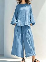 Setelan Linen Wanita Grosir 2 Potong Gaya Boho Atasan Tunik Oversize Celana Kaki Lebar Setelan Serasi Pakaian Linen Kuning Mustard Kasual Musim Panas