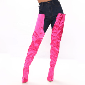 Bar notturno Fancy Rosa di Raso Liscio Superiore Delle Donne Sopra Il Ginocchio Stivali Alti Zip Laterale A Spillo Delle Signore Punta a punta Alta Della Coscia lunghi Stivaletti - Product Image 3