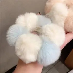 Mignon vrai lapin en peluche boule fleurs élastique élastique couleur mélangée cheveux chouchous filles cheveux accessoires