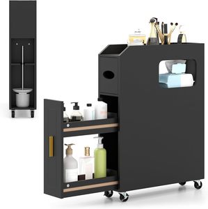 Mobiletto stretto da bagno su ruote, contenitore a incasso con porta carta igienica e porta <span class=keywords><strong>scopino</strong></span>, mobiletto laterale salvaspazio - Product Image 1