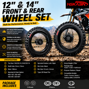 HSKabin Kenda <b>12</b> Inch 14 Inch Off-Road Wheel Set Dirt Bike Front 80/100-<b>12</b> Rear 60/100-14 Black with Rotor Sprocket - Product Image 1