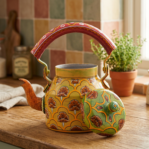 Tea Kettle With <b>Lid</b> Hand Painted Floral Design Yellow Green Red Handle Water <b>Pot</b> - Product Image 3