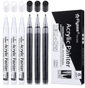 Flysea स्टेशनरी काले सफेद मार्कर पेन 0.7mm 6 पैक एक्रिलिक पेंटिंग मार्करों अतिरिक्त ठीक टिप