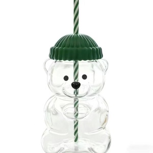 Ins Internet Celebrity Restaurant <b>Bear</b> Cup Hand Blown Transparent Glass Lid Label Coffee Juice Water Tea <b>Cute</b> Cartoon Design - Product Image 1