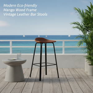Modern Eco-friendly Mango Wood Frame Vintage Leather Bar <b>Stools</b>-Commercial Use for School Living Room Outdoor Dining-Blue Ocean - Product Image 3