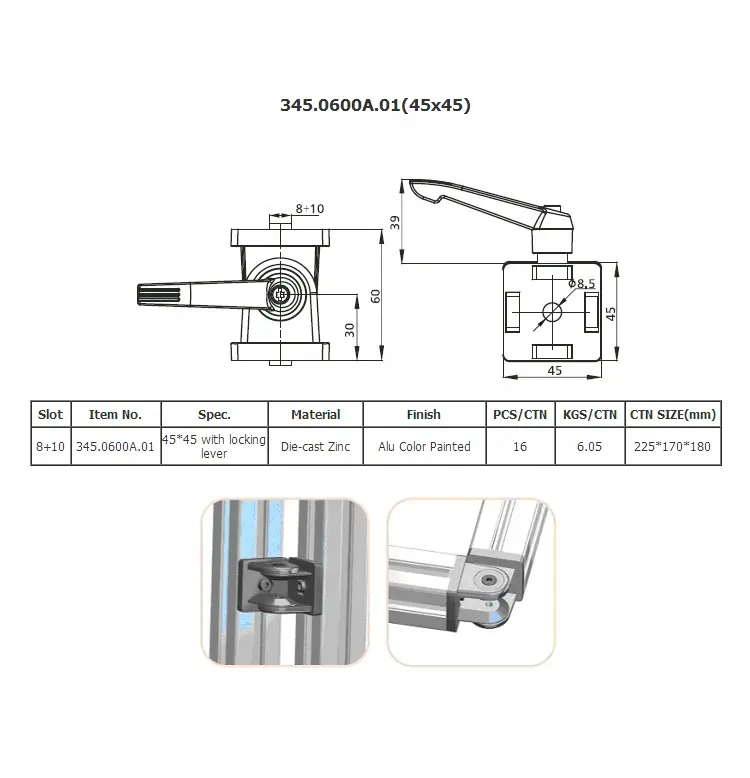 345.0600A.01 profilo In Alluminio accessori 45*45 universale girevole perno congiunta con leva di blocco
