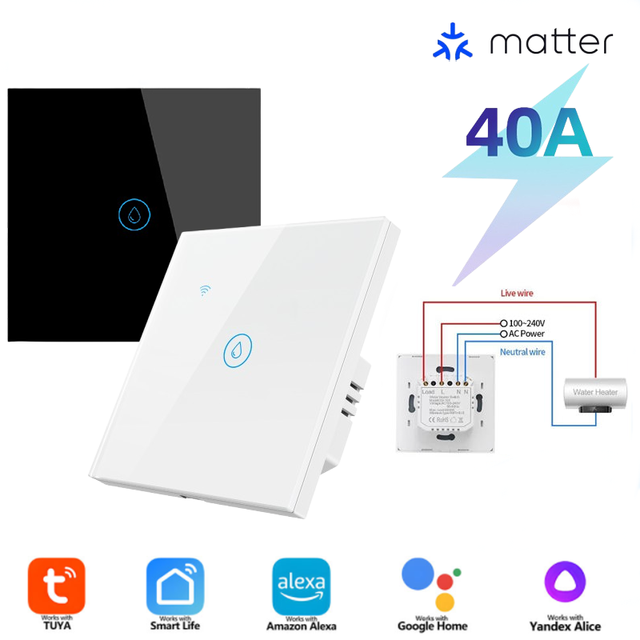 Matter Smart Water Heater Boiler Switch EU UK Heating System 8000W Tuya Electric Smart Matter WiFi Boiler Switch Timer Countdown