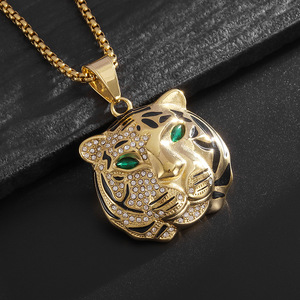Collier pendentif tête de tigre en acier inoxydable plaqué or et argent avec yeux verts et strass, bijoux hip hop unisexes - Product Image 2