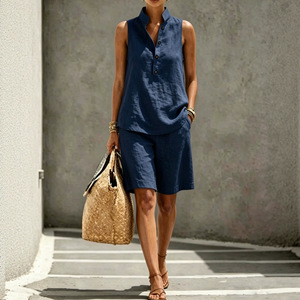 Women's <b>Linen</b> Sleeveless Top And Shorts <b>Set</b> Solid Color Casual Suit For Europe And America Smlxlxxlxxxl - Product Image 2