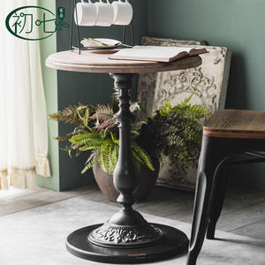 Round Solid Wood Coffee <b>Table</b> With Wrought Iron Base <b>Outdoor</b> Balcony Side <b>Table</b> Retro Distressed Living Room Furniture - Product Image 4