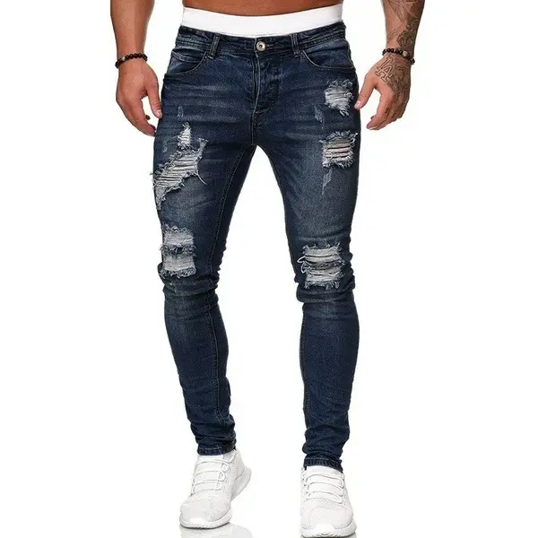 Mens Ripped Skinny Jeans Blue Slim Fit Hole Pencil Pants Biker Casual Trousers Male Ripped Skinny Outwears Pants