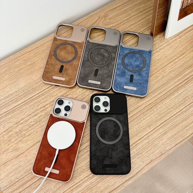 Luxury Pu Leather Magnetic Phone Case for Iphone 13 14 15 16 17 Pro Max Electroplating Frame Wireless Charging Shockproof Cover