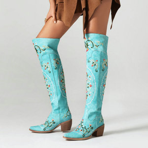 Pour fille occupée XYF4899 bleu <span class=keywords><strong>Beige</strong></span> sur le genou brodé fleur <span class=keywords><strong>Cowboy</strong></span> <span class=keywords><strong>bottes</strong></span> pour femmes 6cm talons longs Style occidental taille 43 - Product Image 3