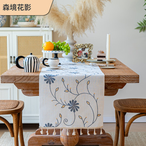 <b>Table</b> <b>Runner</b> Floral Embroidery Tassel Edge 33 In Polyester For <b>Dining</b> Coffee <b>Table</b> Decor - Product Image 4