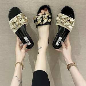 Korean Latest Summer Metal OAutersole Women Pu Leather Slide Slippers Gold Chain Flat Shoes Add My Logo <b>Name</b> on Womens Sandals - Product Image 3