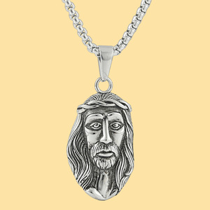 yunnique Stainless Steel Jesus Face Pendant <b>Necklace</b> Silver Tone 3.0x60cm Chain Men Women Fashion Jewelry - Product Image 1