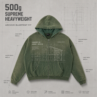 Sweat à capuche zippé RAMAX Heavyweight vert imprimé Blueprint, délavé à l'acide, style vintage grunge Y2K, streetwear homme, coupe ample, personnalisable en gros