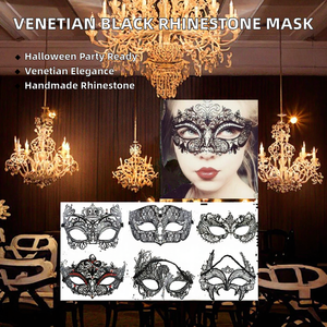 Masques vénitiens noirs pour femmes, faits à la <span class=keywords><strong>main</strong></span> en fer, incrustés de diamants et de strass, pour la fête du Poisson d'avril - Accessoires - Product Image 2