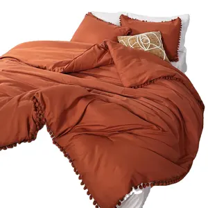 Comforter Set kasur ukuran Queen, 4 buah bola Boho Pom, estetika terbakar oranye nyaman Set tempat tidur ukuran Queen nyaman karat padat