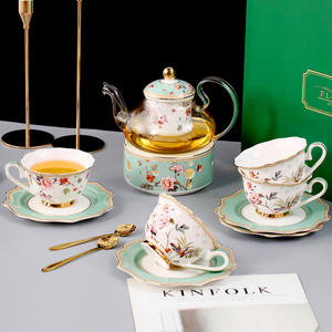 Service à thé en céramique de luxe à motifs floraux <span class=keywords><strong>et</strong></span> d'oiseaux, théière en verre avec base chauffante, service à thé européen pour l'heure du thé <span class=keywords><strong>et</strong></span> les cadeaux - Product Image 1