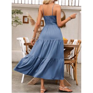 Women's Summer Maxi <b>Dress</b> Spaghetti Strap <b>Elastic</b> Waist Boho A-Line Flowy Sundress Beach Vacation Holiday Celebration Outfit - Product Image 2