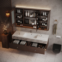 Meuble-lavabo mural moderne en bois massif avec vasque en pierre frittée, miroir intelligent LED anti-buée et armoire à fermeture douce
