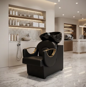 Ensemble de mobilier de salon de beauté noir et or : Bac de lavage, équipement de coiffure, chaise de coiffage, bac à shampoing - Product Image 1