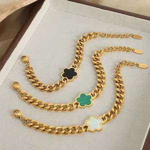 Conjunto de pulsera de concha delicada chapada en oro de 18 quilates, pulsera cubana de flor esmaltada a la moda, pulsera de eslabones cubanos de acero inoxidable, joyería para mujer - Product Image 1