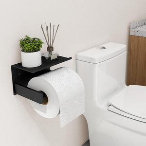 <span class=keywords><strong>Support</strong></span> mural adhésif noir mat pour papier toilette avec étagère, en métal, avec tige à ressort à visser pour salle <span class=keywords><strong>de</strong></span> bain et toilettes - Product Image 2