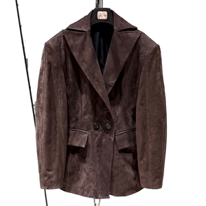Chaqueta Blazer de Cuero Genuino de Oveja Marrón Oscuro de Un Solo Pecho para Mujer, Estilo Vintage, Transpirable, con Botones de Seda, Otoño 2026 - Product Image 1