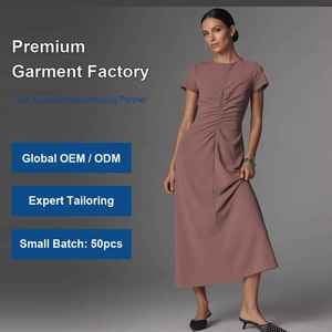 Vestido <span class=keywords><strong>de</strong></span> Mujer con Cuello Redondo, Manga Corta, Fruncido en el <span class=keywords><strong>Centro</strong></span>, Drapeado, Corte Ajustado, Midi, Fabricante OEM ODM - Product Image 1