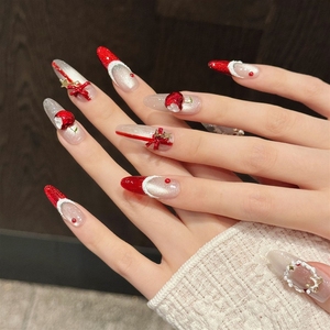 <span class=keywords><strong>Uñas</strong></span> postizas acrílicas de alta calidad hechas a mano al por mayor con diseño de lazo rojo francés y ancla de corona navideña - Product Image 3