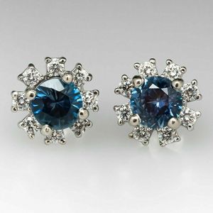 Pendientes E893 Azul Pavo Real, Plata 925, Diseño Copo de Nieve, Corte Brillante Redondo, Engaste de Garra, Joyería Clásica de Compromiso para Mujer - Product Image 3