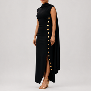 <span class=keywords><strong>Robe</strong></span> de Soirée Personnalisée Femme Sans Manches Col Montant Cape Boutons Dorés Fente Haute Moulante Longue <span class=keywords><strong>Cocktail</strong></span> Formelle Vente en Gros - Product Image 1
