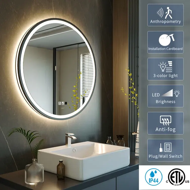 Casa moderna illuminata a parete Smart Touch LED a triplo colore luce specchio bagno Anti-nebbia specchio