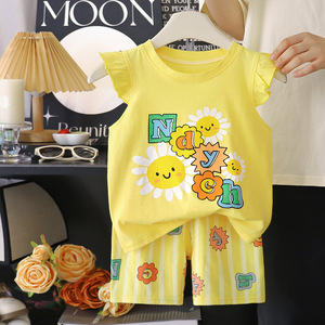 เสื้อกั๊กเด็กผ้าฝ้าย ชุดเสื้อแขนระบายลายการ์ตูนสำหรับ<span class=keywords><strong>เด็ก</strong></span>หญิงและเด็กชาย ชุดฤดูร้อนสไตล์เกาหลีแบบสองชิ้น ขายส่ง - Product Image 4